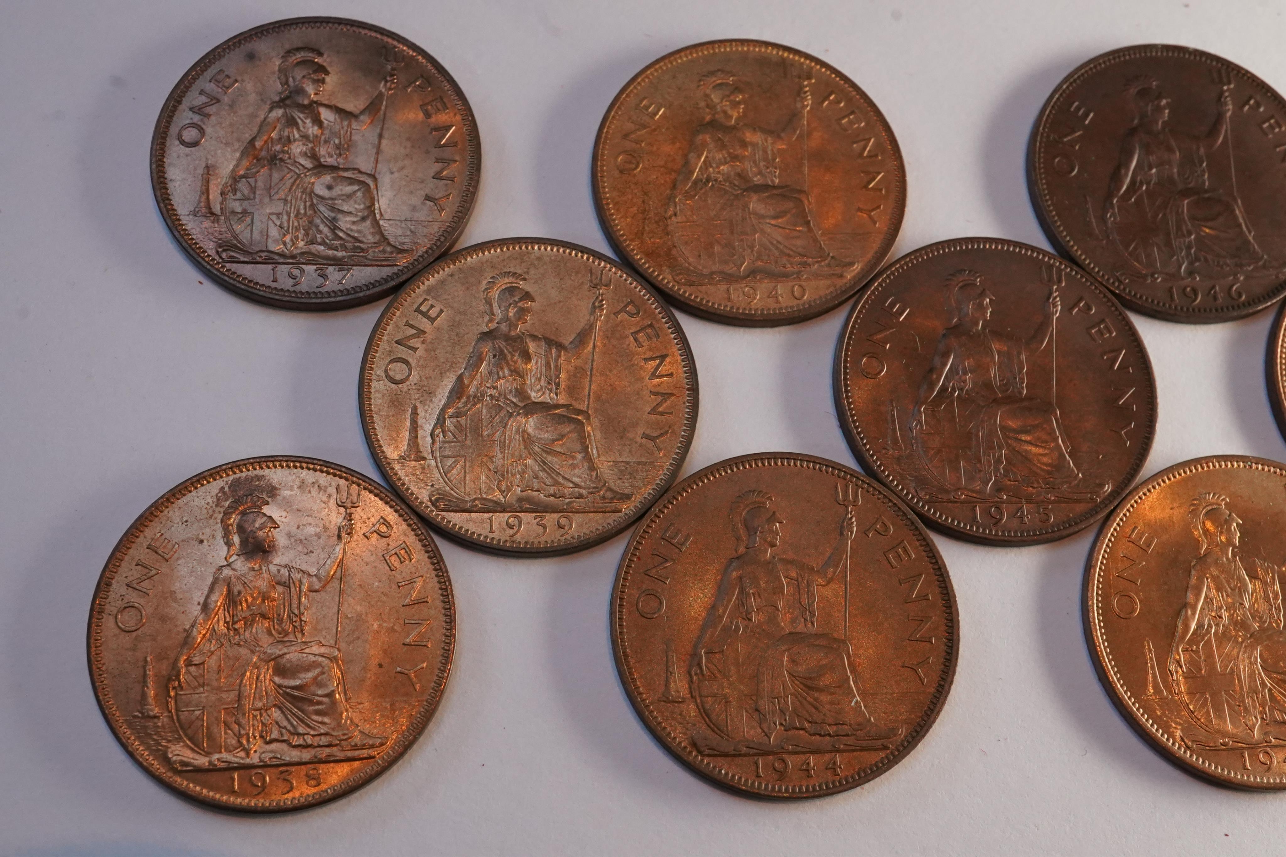John Hill Collection., British coins, George VI and Elizabeth II, a date set of pre-decimal bronze pennies (1937-1967), S. 4114, S. 4154 and S. 4157, excludes 1941-43 and 1954-60, ranging from EF to UNC, many with full l